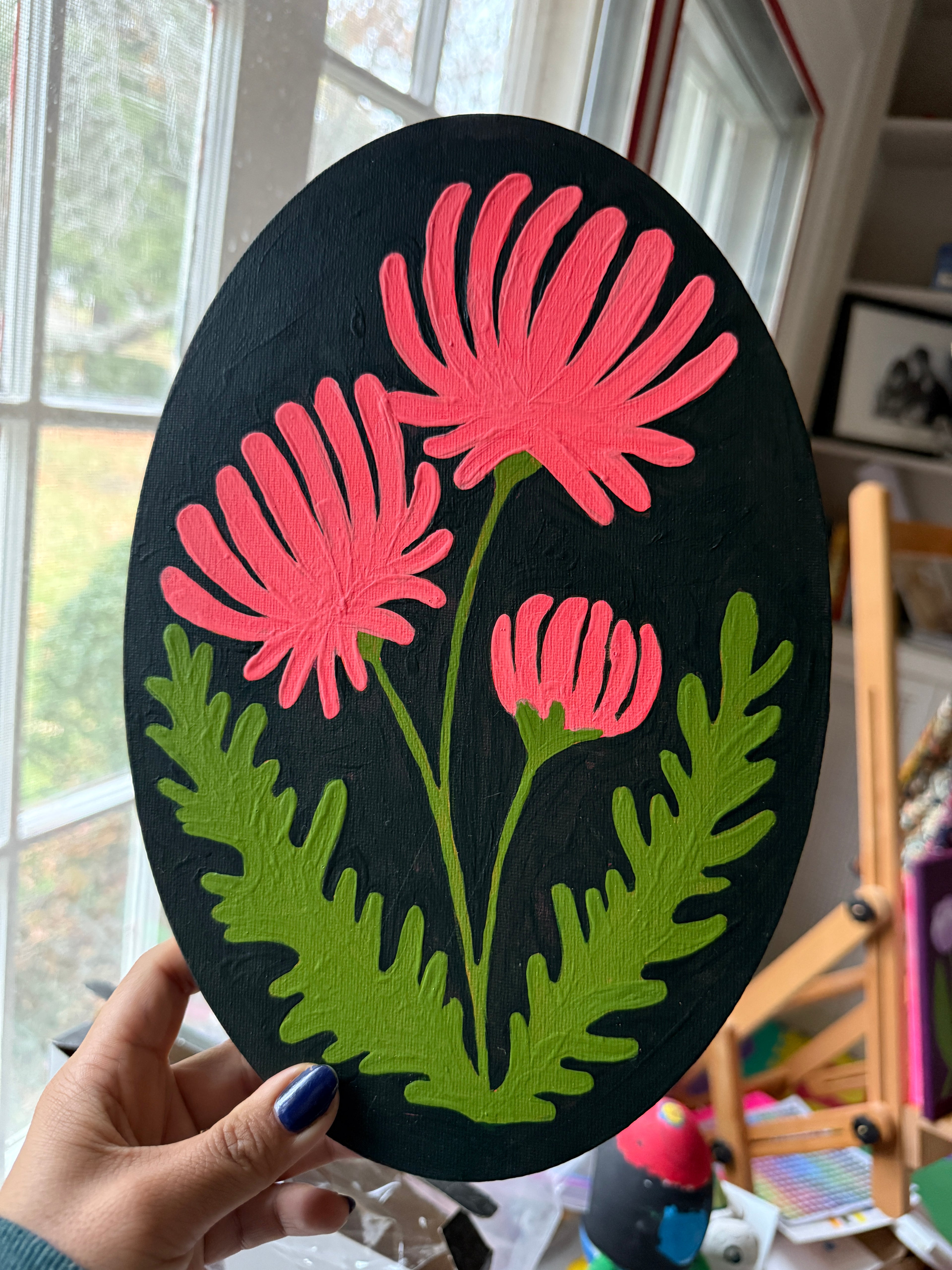 Red Chrysanthemum on Dark Oval Painting