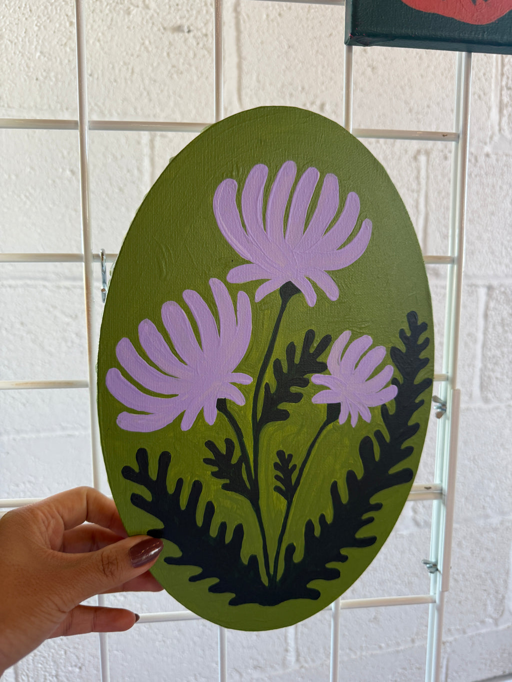 Purple Chrysanthemum on Green Oval Painting