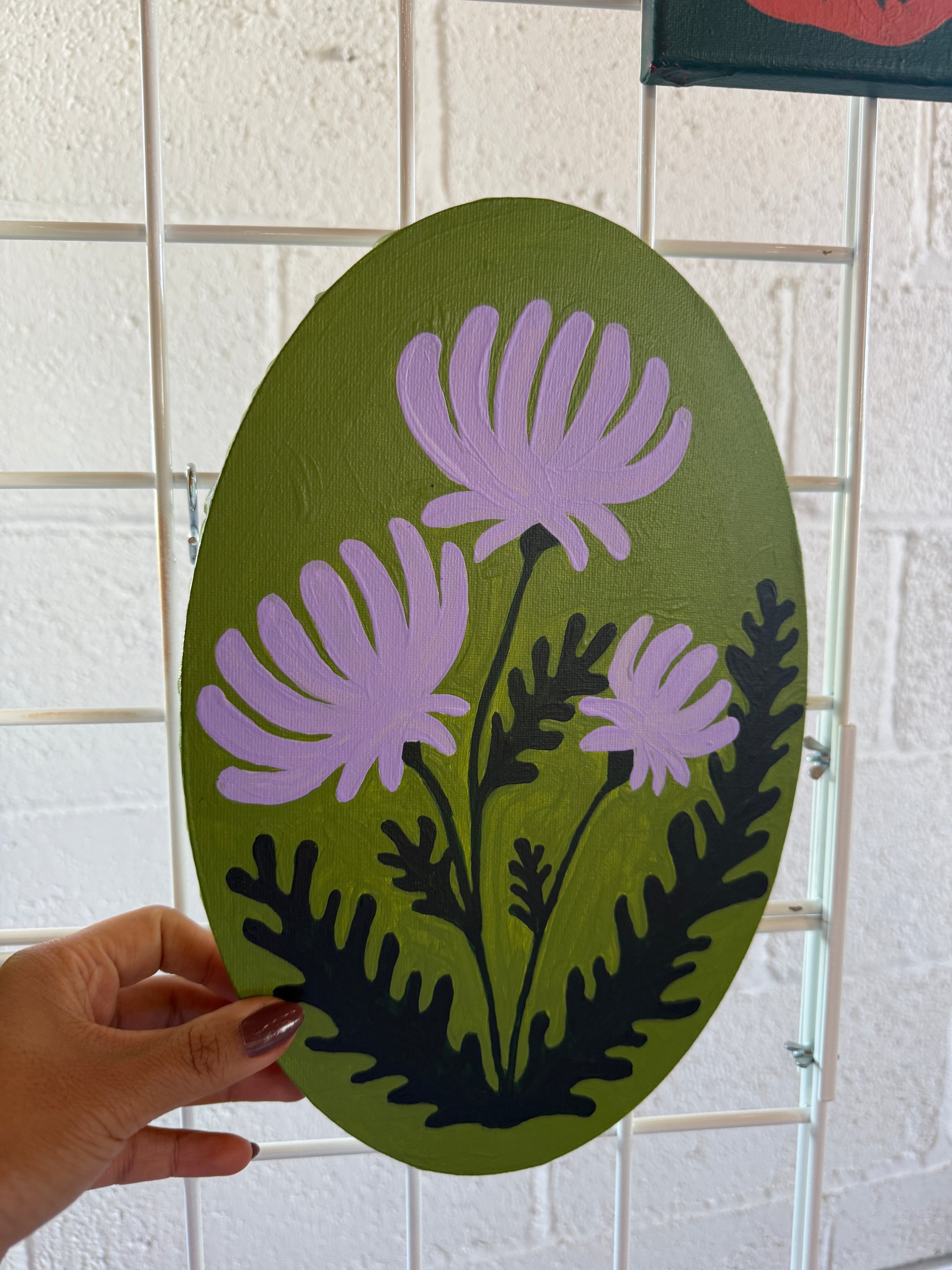 Purple Chrysanthemum on Green Oval Painting