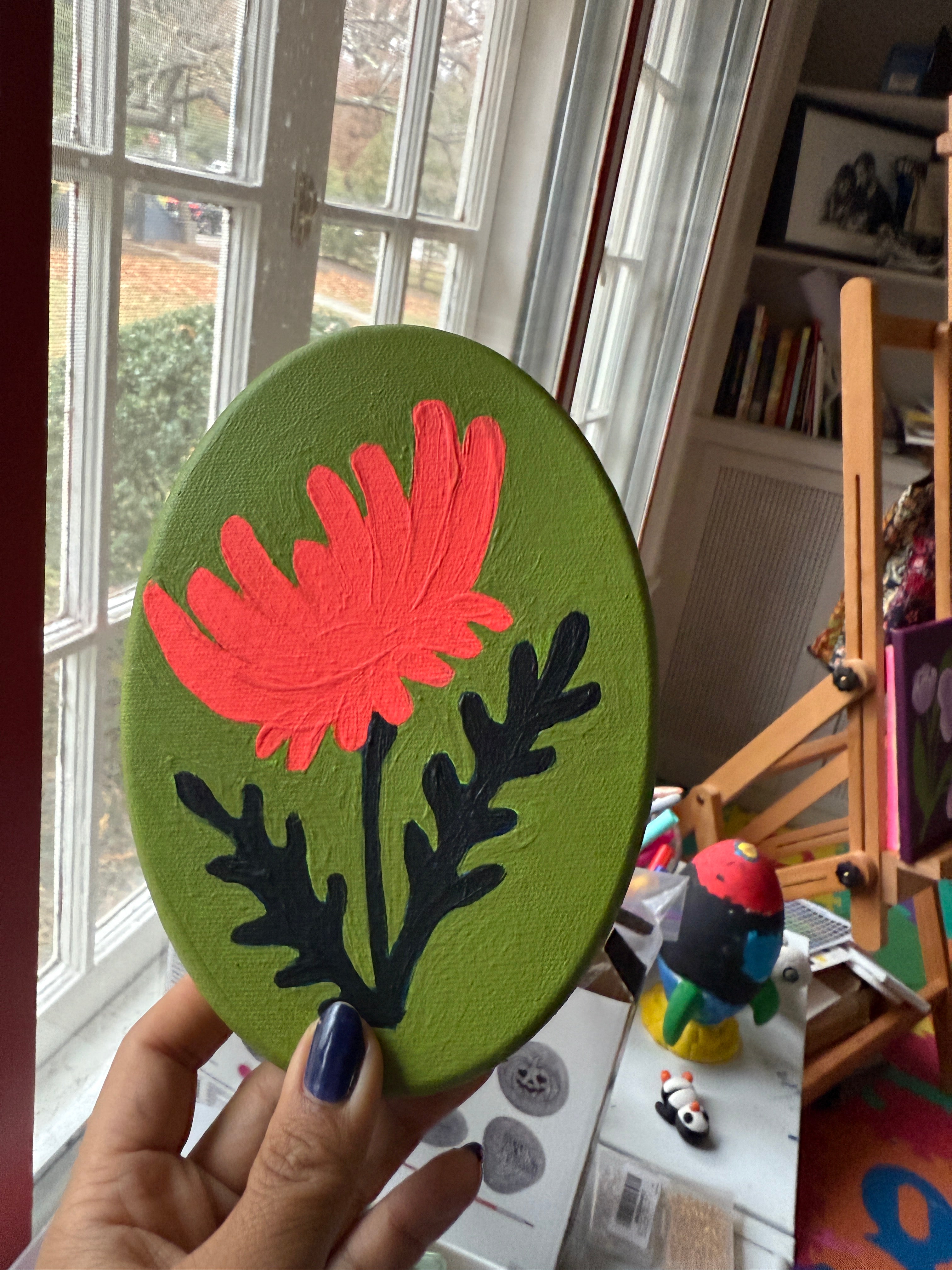 Red Chrysanthemum on Green Oval Painting