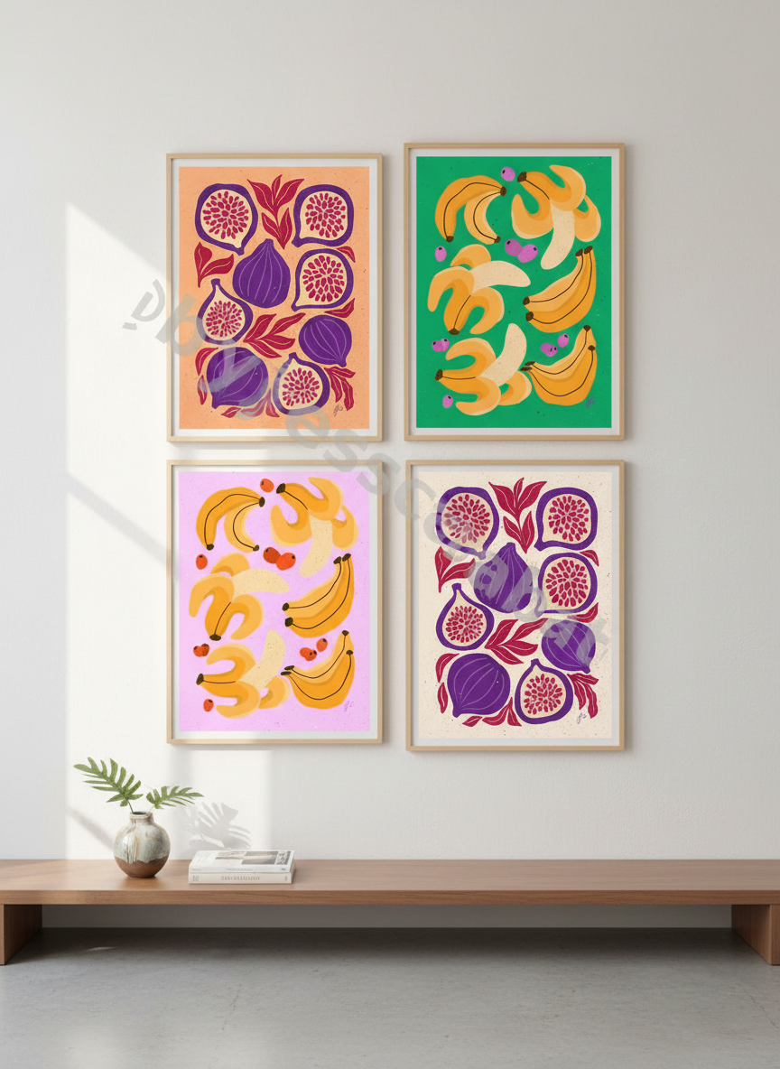 Gallery wall featuring all four artworks