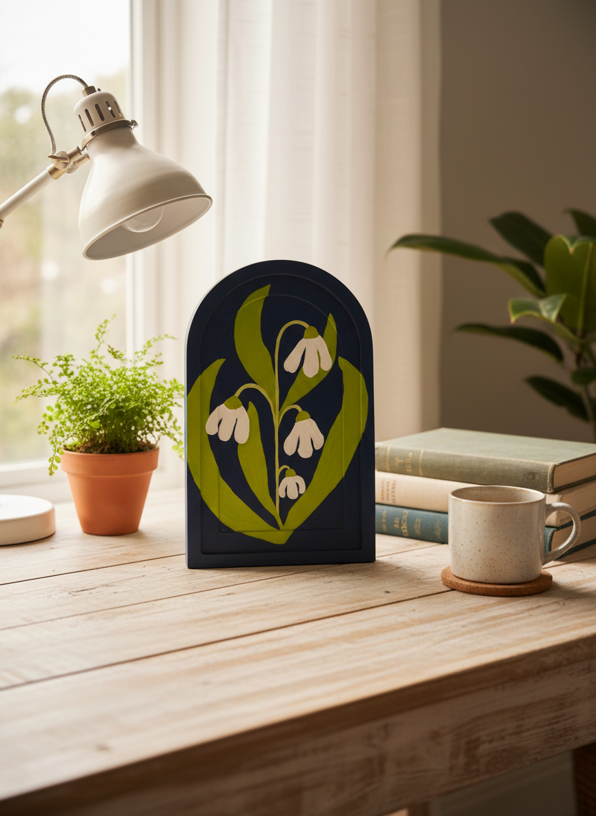 White Snowdrop on Arched Wooden Frame with scale